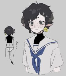 1girl cow_horns glasses highres horns sweat sweatdrop tagme ushitaberu