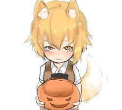 1girl animal_ear_fluff animal_ears black_bow black_bowtie blonde_hair blush bow bowtie brown_vest closed_mouth collared_shirt commentary_request cookie_(touhou) fox_ears fox_girl fox_tail halloween_bucket highres looking_at_viewer miramikaru_riran shirt short_hair short_sleeves simple_background smile solo tail unimamo upper_body vest white_background white_shirt yellow_eyes
