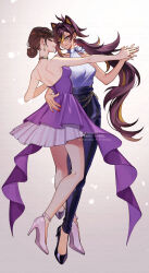 2girls absurdres alternate_hairstyle antenna_hair artist_name back bare_shoulders black_pants black_shoes blonde_hair blue_eyes braid breasts brown_eyes brown_hair chain closed_mouth commentary crossed_bangs crystal_earrings dark-skinned_female dark_skin dated dehya_(genshin_impact) dress dunyarzad_(genshin_impact) earrings eyelashes eyeshadow fingernails genshin_impact gold_chain gold_earrings grey_background hair_between_eyes hair_bun hair_ears hair_intakes hand_on_another&#039;s_back high-waist_pants high_heels highres holding_hands jewelry long_hair looking_at_another low_ponytail makeup medium_breasts multicolored_hair multiple_girls nail_polish neck_ring ojo_aa outstretched_arm pants parted_bangs parted_lips pink_nails pink_shoes ponytail purple_dress red_nails shirt shoes signature single_braid single_hair_bun sleeveless sleeveless_shirt smile strapless strapless_dress streaked_hair symbol-only_commentary twitter_username very_long_hair watermark white_shirt yuri