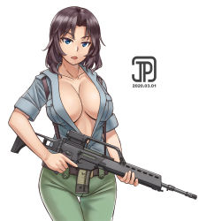 1girl 2020 aoshidan_school_uniform artist_name assault_rifle blue_eyes breast_pocket breasts breasts_apart brown_hair dated el_(girls_und_panzer) female_focus girls_und_panzer green_pants gun gun_sling h&amp;k_g36 highres jpc large_breasts no_bra open_clothes open_mouth open_shirt pants pocket rifle school_uniform short_hair sleeves_rolled_up solo thigh_gap weapon white_background