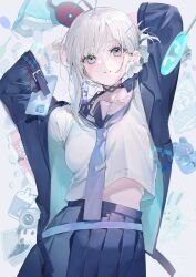 1girl arms_up black_choker blue_eyes blue_necktie breasts choker grey_hair highres jacket light_blush medium_hair miwano_rag necktie open_clothes open_jacket original pleated_skirt school_uniform serafuku skirt small_breasts solo
