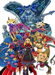 5girls blonde_hair breasts digimon digimon_(creature) gothic_lolita hat lolita_fashion long_hair looking_at_viewer mask medusamon mervamon mini_hat multiple_girls nanami_(digimon) oridigi original pink_eyes ribbon sharp_teeth simple_background smile snake sword taragraphika teeth weapon white_background