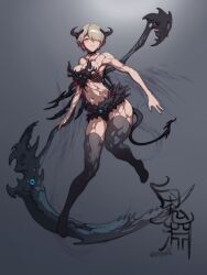 1girl abs bare_arms bare_shoulders bikini black_bikini black_boots black_choker black_horns black_tail boots breasts brown_eyes choker collarbone demon_girl demon_horns demon_tail demon_wings expressionless full_body grey_background grey_hair grey_thighhighs hair_over_one_eye highres holding holding_behind_back holding_scythe holding_weapon_behind_back honkai_(series) honkai_impact_3rd horns huge_weapon large_breasts leg_up liza23rd looking_at_viewer low_neckline monsterification navel parted_lips pointy_ears rita_rossweisse scythe short_hair simple_background skindentation solo standing stomach strapless strapless_bikini swimsuit tail thighhighs toned toned_female weapon wings