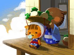 2girls ^_^ adjusting_clothes adjusting_headwear animal_crossing animal_ears basket blue_kimono blush_stickers bow brown_hair closed_eyes cloud cloudy_sky commentary_request daisy_mae_(animal_crossing) day food food_on_head furry furry_female grandmother_and_granddaughter grey_sash haori headscarf iroidori4422 japanese_clothes joan_(animal_crossing) kimono long_sleeves multiple_girls nintendo nose_bubble object_on_head pig_ears red_bow red_sash sash shadow short_hair short_sleeves sitting sky sleeping standing turnip white_headscarf white_headwear wide_sleeves