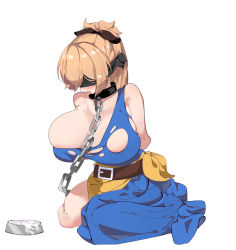 1girl absurdres alternate_breast_size bdsm belt black_belt black_ribbon blindfold blonde_hair blue_dress bondage bound breasts bursting_breasts calpico chain cleavage collar collarbone cum dress hair_ribbon highres huge_breasts jewelry kneeling leash menou_(virgin_road) necklace no_bra pet_play ponytail pot ribb ribbon shokei_shoujo_no_virgin_road simple_background slave thighs tongue tongue_out torn_clothes torn_dress white_background