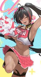 Rule 34 | 1girl, ;d, absurdres, ahoge, arm up, armpits, badge, bare shoulders, bay (nikke), bike shorts under skirt, black hair, black socks, blush, breasts, button badge, cheerleader, clothes writing, collar, crop top, crossed bangs, dark-skinned female, dark skin, fujisaki subaru, goddess of victory: nikke, grey eyes, hair ears, hair intakes, hairband, hashtag-only commentary, highleg, highleg panties, highres, holding, holding pom poms, knee up, large breasts, lock, long hair, looking at viewer, mole, mole on breast, mole under eye, mole under mouth, multicolored hair, navel, one eye closed, open mouth, padlock, padlocked collar, panties, pleated skirt, pom pom (cheerleading), pom poms, ponytail, red hair, skindentation, skirt, smile, socks, solo, spiked collar, spikes, star (symbol), star in eye, star sticker, sticker on face, stomach, streaked hair, sweat, symbol in eye, thick thighs, thigh strap, thighs, toned, toned female, two-tone footwear, two-tone skirt, two-tone tank top, underboob, underwear, very long hair, white panties