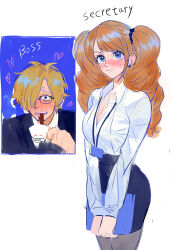 1boy 1girl absurdres alternate_costume black_skirt blonde_hair blue_eyes blush breasts brown_hair charlotte_pudding cleavage closed_mouth coffee collared_shirt commentary cup curly_eyebrows earrings english_text facial_hair full-face_blush glasses hair_ornament heart hetero high-waist_skirt highres holding holding_cup jacket jewelry long_hair long_sleeves looking_at_viewer medium_breasts messy_hair necktie one_piece pantyhose rita_ya sanji_(one_piece) secretary shirt short_hair simple_background sketch skirt spit_take spitting symbol-only_commentary twintails white_background white_shirt