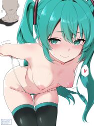 Rule 34 | 1boy, 1girl, bent over, blue eyes, blue hair, blush, breasts, hatsune miku, navel, panties, small breasts, tako-chan (hub dump), thighhighs, twitter username, underwear, undressing, vocaloid, white background