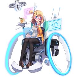 ! 1girl aqua_eyes aqua_skirt artist_request black_pantyhose blonde_eyebrows blonde_hair blue_ribbon blunt_bangs brown_shoes brown_sweater carrot_print coffee collar collared_shirt covering_own_mouth cup drone final_gear floating floating_object flying food_print full_body glasses glowing_hairband gold_buttons hair_behind_ear hairband hand_over_own_mouth high_ponytail highres horizontal-striped_skirt horizontal-striped_sleeves jacket knees_together_feet_apart lightning_bolt_symbol loafers long_sleeves looking_at_viewer medium_hair mug neck_ribbon official_art on_chair orange_jacket orange_sleeves pantyhose pink-framed_eyewear pleated_skirt ponytail powered_wheelchair propeller ribbon school_uniform screen semi-rimless_eyewear shirt shoes short_ponytail side_ponytail simple_background sitting skirt sleeveless sleeveless_sweater solo straight_hair sweater tachi-e third-party_source transparent_background undershirt vertical-striped_ribbon wheel wheelchair white_collar white_sleeves xime_(final_gear)