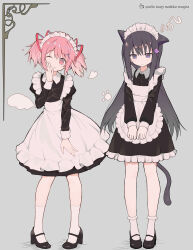 2girls absurdres akemi_homura alternate_costume animal_ears ankle_socks apron black_dress black_hair black_shoes buttons cat_ears cat_girl cat_tail chinese_commentary closed_mouth collared_dress commentary_request copyright_name dress embarrassed enmaided frilled_apron frilled_dress frilled_socks frills full_body furrowed_brow grey_background hair_between_eyes hair_ribbon hand_on_own_cheek hand_on_own_face hands_on_lap happy high_heels highres jitome juliet_sleeves kaname_madoka kemonomimi_mode long_hair long_sleeves looking_at_viewer mahou_shoujo_madoka_magica mahou_shoujo_madoka_magica_(anime) maid maid_headdress mary_janes medium_dress moonfire multiple_girls paw_pose petals pink_eyes pink_hair puffy_sleeves pumps purple_eyes red_ribbon ribbon shoes short_hair short_twintails sidelocks smile socks squiggle standing straight_hair tail tareme twintails very_long_hair white_apron white_sleeve_cuffs white_socks