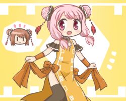 2girls :d bad_id bad_twitter_id bare_shoulders blush bow brown_hair chibi china_dress chinese_clothes closed_mouth dot_nose double_bun dress feet_out_of_frame hair_bun hair_ornament looking_at_viewer magia_record:_mahou_shoujo_madoka_magica_gaiden mahou_shoujo_madoka_magica multiple_girls open_mouth orange_dress pink_eyes pink_hair reverse_(bluefencer) short_hair side_slit sidelocks sleeveless sleeveless_dress smile solid_oval_eyes solo_focus swept_bangs tamaki_ui tassel thighhighs twintails yellow_background yui_tsuruno |_|