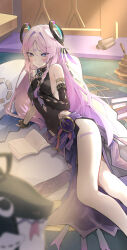 Rule 34 | 1girl, absurdres, bare hips, bare shoulders, blue eyes, blush, book, breasts, citlali (genshin impact), elbow gloves, genshin impact, gloves, hair ornament, highres, leg tattoo, leo795, long hair, looking at viewer, pink hair, scrolls, smile, solo, tattoo, very long hair