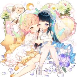 2girls anna_(uchi_no_hime-sama_ga_ichiban_kawaii) black_hair blue_flower blue_rose blunt_bangs dress flower kanna_(uchihime) long_hair multiple_girls pink_hair purple_eyes rose salt_(salty) sheep short_hair uchi_no_hime-sama_ga_ichiban_kawaii very_long_hair wedding_dress wings yellow_eyes
