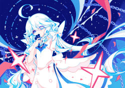 Rule 34 | 1girl, ahoge, alternate costume, ascot, blue ascot, blue background, blue eyes, chain, cowboy shot, dress, drop-shaped pupils, duskorgan, floating hair, flower, furina (genshin impact), genshin impact, hair between eyes, highres, holding, holding flower, long hair, looking at viewer, puffy short sleeves, puffy sleeves, short sleeves, smile, solo, sparkle, standing, symbol-shaped pupils, very long hair, white dress, white hair