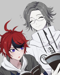 2boys ahoge aotsuki_eito blue_eyes blush book closed_eyes drawstring glasses grey_background grey_hair holding holding_book hood hoodie jacket male_focus multicolored_hair multiple_boys parted_lips red_hair seiran_yoroz short_hair simple_background smile streaked_hair sumino_takumi the_hundred_line_-last_defense_academy- upper_body white_hoodie white_jacket