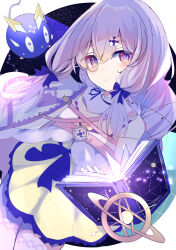 Rule 34 | 1girl, arcaea, bare shoulders, bow, braid, charon (arcaea), clover 39, collar, dress, hair between eyes, hair ornament, highres, jacket, lagrange (arcaea), long hair, monocle, pantyhose, purple bow, purple eyes, purple hair, purple pantyhose, sidelocks, single braid, solo, twintails, white jacket, yellow dress
