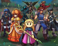 3girls 4boys aura blonde_hair brand_of_the_exalt capcom cape castlevania:_rondo_of_blood castlevania_(series) chain_whip chrom_(fire_emblem) crossover crown dark_pit dark_samus dougi evil_smile falchion_(fire_emblem) father_and_daughter fire_emblem fire_emblem_awakening frown glaring hal_laboratory highres intelligent_systems ken_masters kid_icarus kid_icarus_uprising konami long_hair looking_at_viewer lucina_(fire_emblem) mario_(series) metroid metroid_prime_3:_corruption multiple_boys multiple_girls nintendo power_suit_(metroid) princess_daisy princess_zelda pun richter_belmont smile stoic_seraphim street_fighter street_fighter_ii_(series) super_smash_bros. sword the_legend_of_zelda the_legend_of_zelda:_echoes_of_wisdom tiara trait_connection varia_suit weapon whip