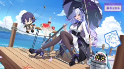 1girl absurdres artist_name artist_request bangboo_(zenless_zone_zero) belle_(zenless_zone_zero) blue_sky character_doll day deck_chair dutch_angle fishing fishing_rod food fruit highres ocean open_mouth outdoors pantyhose platform_heels sitting sky vivian_banshee watermelon wooden_floor zenless_zone_zero