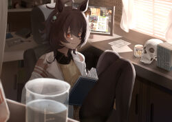 Rule 34 | 1girl, absurdres, agnes tachyon (umamusume), ahoge, animal ears, araca ra, black pantyhose, black shirt, book, brown hair, coat, collared shirt, commentary, earrings, english commentary, hair between eyes, highres, horse ears, horse girl, jewelry, lab coat, long sleeves, looking at viewer, monitor, pantyhose, red eyes, shirt, short hair, single earring, sitting, skull, smile, solo, sweater, umamusume, white coat, wolf cut, yellow sweater