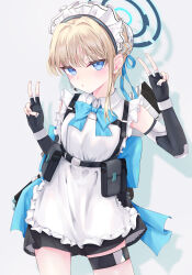 1girl :o absurdres apron aqua_bow aqua_ribbon back_bow belt belt_pouch black_dress black_gloves blonde_hair blue_archive blue_eyes blush bow braid chest_harness collared_shirt commentary_request contrapposto cowboy_shot double_v dress elbow_gloves fingerless_gloves frilled_apron frilled_shirt frills gloves hair_bun hair_intakes hair_ribbon half_up_braid halo harness highres looking_at_viewer maid maid_apron maid_headdress mashilon pouch revision ribbon shadow shirt short_dress short_hair_with_long_locks single_hair_bun solo thigh_strap toki_(blue_archive) v white_apron white_shirt wrist_cuffs
