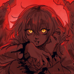 1girl artist_name bags_under_eyes blood chimera commentary dungeon_meshi english_commentary falin_touden falin_touden_(chimera) feathered_wings feathers glowing glowing_eyes highres limited_palette long_sleeves looking_at_viewer monster_girl nexusmonstrum red_theme solo upper_body wings yellow_eyes