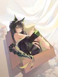 1girl ;o absurdres arknights bare_shoulders barefoot black_hair black_jacket black_tail box cardboard_box chinese_commentary commentary_request curtains fetal_position full_body green_eyes green_hair highres jacket long_hair looking_at_viewer mon3tr_(arknights) multicolored_hair off_shoulder one_eye_closed pillow sleeves_past_fingers sleeves_past_wrists solo streaked_hair tail thigh_strap toenails toes waking_up ying_wei_jin_inexistenec