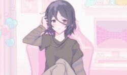 1other ambiguous_gender angel_martinez anoes_12 blush chair clinical_trial_(game) looking_to_the_side monitor needy_girl_overdose pale_skin parody shirt sitting smile style_parody t-shirt