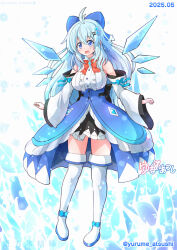 1girl aged_up alternate_breast_size alternate_costume alternate_hair_length alternate_hairstyle antenna_hair black_skirt blue_bow blue_hair blush boots bow cirno clothing_request commentary_request dated detached_sleeves detached_wings hair_bow hair_ornament highres ice ice_wings long_hair open_mouth purple_eyes skirt smile solo thigh_boots touhou twitter_username very_long_hair white_boots white_sleeves wings yurume_atsushi