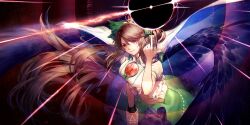 Rule 34 | 1girl, arm cannon, bird wings, black sun, black wings, bow, breasts, brown hair, cape, center frills, closed mouth, collared shirt, commentary, control rod (touhou), english commentary, feathered wings, frilled shirt collar, frills, game cg, green bow, green skirt, hair bow, highres, index finger raised, large breasts, long hair, looking at viewer, ninomaemae, official art, puffy short sleeves, puffy sleeves, red eyes, reiuji utsuho, shirt, short sleeves, sidelocks, skirt, smile, solo, sun, third-party source, third eye, third eye on chest, touhou, touhou lostword, very long hair, weapon, white cape, white shirt, wing collar, wings