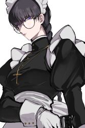 1girl absurdres apron black_dress black_hair black_lagoon braid dress gun highres holding holding_gun holding_weapon long_hair longye looking_at_viewer maid roberta_(black_lagoon) round_eyewear solo twin_braids weapon