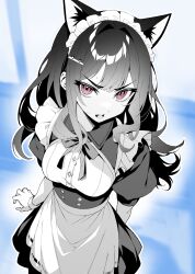 Rule 34 | 1girl, absurdres, animal ear hairband, animal ears, apron, blue background, breasts, cat ear hairband, cat ears, collared dress, commentary, cowboy shot, dress, fake animal ears, furigana, greyscale with colored background, hair intakes, hair ornament, hairband, hairclip, highres, long hair, looking at viewer, maid, maid headdress, medium breasts, neck ribbon, nekome (ogata), nonstandard furigana, ogata (ogt illust), open mouth, original, paid reward available, pink eyes, puffy short sleeves, puffy sleeves, ribbon, shirt, short dress, short sleeves, solo, spot color, sweatdrop, textless version, underbust, v-shaped eyebrows, waist apron