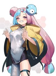 Rule 34 | absurdres, bow-shaped hair, character hair ornament, eredhen, fake hair bun, grey pantyhose, hair ornament, hexagon print, highres, iono (pokemon), jacket, multicolored hair, oversized clothes, pantyhose, pokemon, pokemon sv, sharp teeth, single leg pantyhose, sleeves past wrists, split-color hair, teeth, two-tone hair, very long sleeves, x, yellow jacket