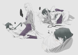 ! 2girls blue_eyes bra chewinggum_p closed_eyes closed_mouth clothes_grab collared_shirt commentary contemporary french_kiss grey_background heart herta_(honkai:_star_rail) honkai:_star_rail honkai_(series) kiss leg_lock limited_palette long_hair looking_at_another multiple_girls necktie necktie_grab neckwear_grab pants parted_lips ruan_mei_(honkai:_star_rail) shirt simple_background smile spoken_exclamation_mark symbol-only_commentary underwear yuri