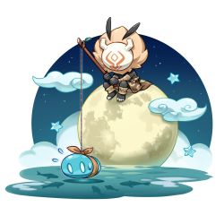 black_skin chibi colored_skin fish fishing fishing_rod genshin_impact highres hilichurl_(genshin_impact) holding holding_fishing_rod mask moon night night_sky official_art sitting sky slime_(genshin_impact) transparent_background tribal