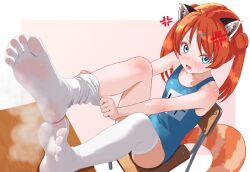 Rule 34 | 1girl, anger vein, animal ears, blue one-piece swimsuit, blush, chair, desk, embarrassed, feet, flat chest, foot focus, from side, hair ornament, hairclip, highres, indie virtual youtuber, kyoichi, medium hair, one-piece swimsuit, open mouth, orange hair, raccoon tail, school chair, school desk, school swimsuit, short eyebrows, sitting, smell, solo, sweat, swimsuit, tail, thighhighs, toes, undressing, virtual youtuber, white thighhighs