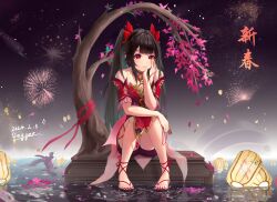 1girl absurdres arm_on_knee bare_shoulders bell black_choker black_hair blunt_bangs chinese_text choker dagger_(wgue8322) dated detached_sleeves dress elbow_on_arm ema fireworks full_body head_on_hand highres holding honkai:_star_rail honkai_(series) lantern long_hair looking_at_viewer neck_bell night paper_lantern pink_leaf pink_petals plant_request red_dress red_eyes red_nails red_ribbon red_sleeves reflection reflective_water ribbon shorts_under_dress signature sitting solo sparkle_(honkai:_star_rail) translation_request tree twintails