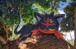 animal_focus artist_name blue_sky blurry blurry_background cat cloud colored_sclera commentary_request creatures_(company) dappled_sunlight day from_side full_body game_freak gen_7_pokemon half-closed_eye highres in_tree litten looking_to_the_side lying mei_ford nintendo no_humans on_stomach one_eye_closed outdoors pokemon pokemon_(creature) pokemon_focus red_eyes sky solo sunlight tail_raised tree watermark yellow_sclera