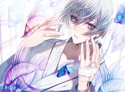 Rule 34 | 1boy, absurdres, bandaid, bandaid on hand, blue hair, catheter, collarbone, commentary request, eyelashes, eyeshadow, fingernails, fish skeleton, gradient eyes, hair between eyes, hands on own face, highres, looking to the side, makeup, male focus, multicolored eyes, original, parted lips, purple eyes, red eyeshadow, robe, short hair, solo, teeth, upper body, white background, white robe, wu (user sevs2252)