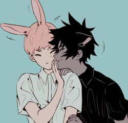 2boys animal_ears arm_up asuka_ryou black_hair black_shirt blonde_hair chinese_commentary closed_eyes closed_mouth collared_shirt commentary_request dark-skinned_male dark_skin devilman devilman_crybaby ears_back eyelashes frown fudou_akira green_background hand_on_another&#039;s_arm hand_on_another&#039;s_shoulder huziqunzi interracial kemonomimi_mode kiss male_focus motion_lines multiple_boys rabbit_ears shirt short_hair short_sleeves simple_background smile spiked_hair swept_bangs upper_body white_shirt wing_collar yaoi
