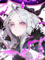 1girl ahoge aura black_coat black_halo blue_archive blush coat coat_on_shoulders dark_aura demon_girl demon_horns halo highres hina_(blue_archive) horns long_hair looking_at_viewer purple_eyes simple_background solo to/garashi upper_body white_background white_hair