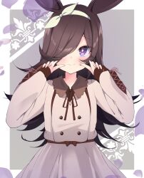 1girl animal_ears asymmetrical_bangs blush bow_hairband brown_hair buttons closed_mouth commentary_request cross-laced_clothes cross-laced_sleeves double-breasted dress flipped_hair hair_over_one_eye hairband highres horse_ears index_fingers_raised kamiya_mitobe long_bangs long_hair long_sleeves looking_at_viewer neck_ribbon pointing pointing_at_self purple_eyes ribbon rice_shower_(umamusume) smile solo spiked_hair umamusume white_dress white_hairband