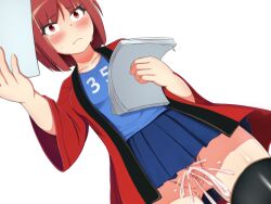 1girl breasts clymenia coat miniskirt no_panties non-web_source open_clothes open_coat original pussy pussy_juice red_coat red_hair short_hair skirt small_breasts standing white_background