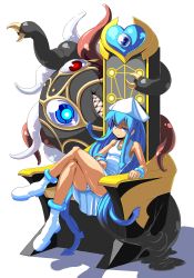 1girl arc_system_works blue_eyes blue_hair chaos_code crossover cthylla cthylla_(chaos_code) dress fk_digital hat highres ikamusume long_hair panties pantyshot shinryaku!_ikamusume sitting spider-ma tentacle_hair throne underwear yog-sothoth