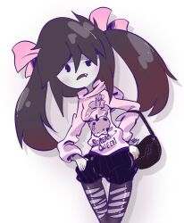 Rule 34 | 1girl, adventure time, apple print, bag, black eyes, black hair, black pantyhose, black shorts, blush, bow, breasts, cartoon network, clothes writing, colored skin, fangs, food print, fruit print, grey skin, hair bow, hand on own hip, handbag, hood, hoodie, k-nattoh, long hair, long sleeves, looking at viewer, marceline abadeer, open mouth, pantyhose, pink bow, pink hoodie, print hoodie, raised eyebrow, shorts, small breasts, standing, torn clothes, torn pantyhose, twintails, vampire, white background