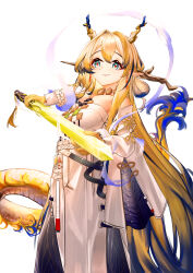 1girl absurdres arknights bead_necklace beads blonde_hair breasts brooch closed_mouth collarbone dragon_girl earrings eastern_dragon_horns eastern_dragon_tail gloves green_eyes hair_between_eyes highres holding holding_sword holding_weapon jewelry long_hair medium_breasts necklace off_shoulder pointy_ears shu_(arknights) simple_background smile solo strapless sword tube_top weapon white_background white_tube_top xapf3744 yellow_gloves