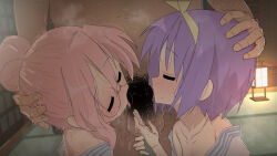 1boy 2girls bare_shoulders blush closed_mouth cooperative_fellatio fellatio hair_bun hand_on_another&#039;s_head hetero highres hiiragi_tsukasa indoors licking licking_penis lucky_star male_pubic_hair multiple_girls namidate navel oral penis pink_hair pubic_hair purple_hair stomach takara_miyuki teamwork_(sexual)