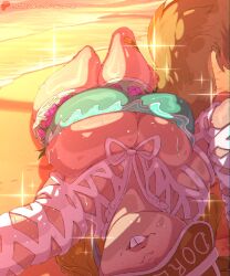 1girl absurdres bandaid beach bikini blonde_hair breasts buck_teeth cleavage female_focus highres huge_breasts long_hair marvel marvel_rivals okioppai solo squirrel_girl_(marvel) sweat swimsuit tail teeth thick_thighs thighs