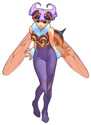 1girl antennae arthropod_girl bare_shoulders bee_girl bengus breasts capcom darkstalkers extra_eyes female_focus fur insect_girl monster_girl no_pupils official_art pantyhose purple_eyes purple_hair purple_pantyhose q-bee see-through_clothes short_hair solid_eyes solo white_background wings