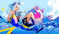 1girl :d absurdres bare_shoulders black_shorts blue_boots boots braid breasts cloud commentary dark-skinned_female dark_skin day fingerless_gloves floating_hair full_body genshin_impact gloves highres kurattes long_hair looking_at_viewer medium_breasts mualani_(genshin_impact) navel open_mouth outdoors partially_submerged red_eyes shorts smile solo symbol-only_commentary teeth twin_braids upper_teeth_only water white_gloves white_hair