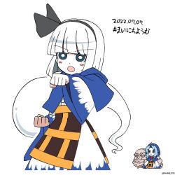 1boy 2girls antenna_hair black_eyes black_hairband blue_hair bright_pupils clenched_hand commentary cosplay dated ghost hairband highres hood hoshii_1213 kesa konpaku_youmu konpaku_youmu_(ghost) kumoi_ichirin kumoi_ichirin_(cosplay) long_sleeves multiple_girls short_hair simple_background solo_focus touhou twitter_username unzan white_background white_hair white_pupils